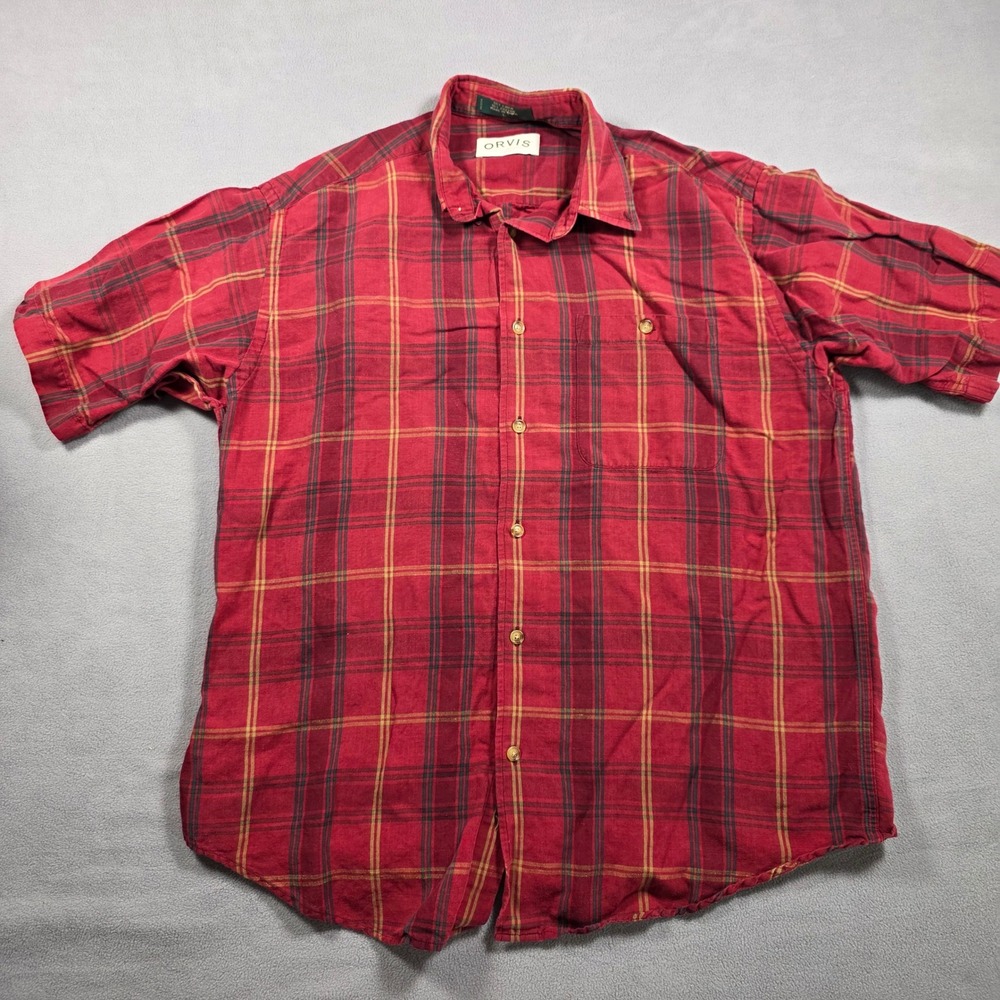 Orvis Shirt Mens Large Red Plaid Short Sleeve Sporting Traditions Linen Blend